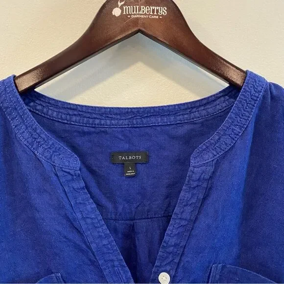 Talbots side button linen band collar popover large 100% linen tunic blouse top - Picture 5 of 14